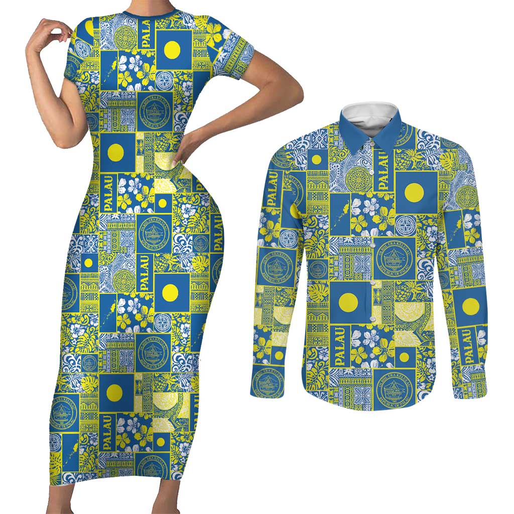 Palau Ungil Kurismas Couples Matching Short Sleeve Bodycon Dress and Long Sleeve Button Shirt Pacific Patchwork Xmas Vibes - Polynesian Pride