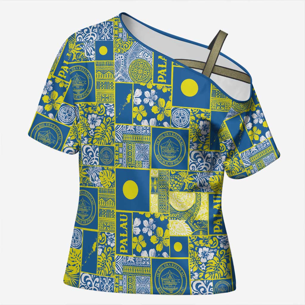Palau Ungil Kurismas Cross Shoulder Shirt Pacific Patchwork Xmas Vibes - Polynesian Pride