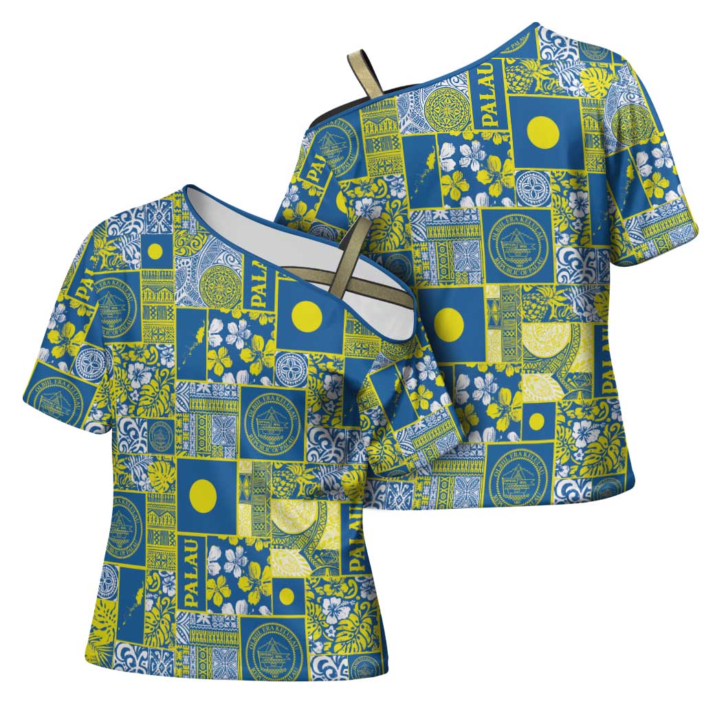Palau Ungil Kurismas Cross Shoulder Shirt Pacific Patchwork Xmas Vibes - Polynesian Pride