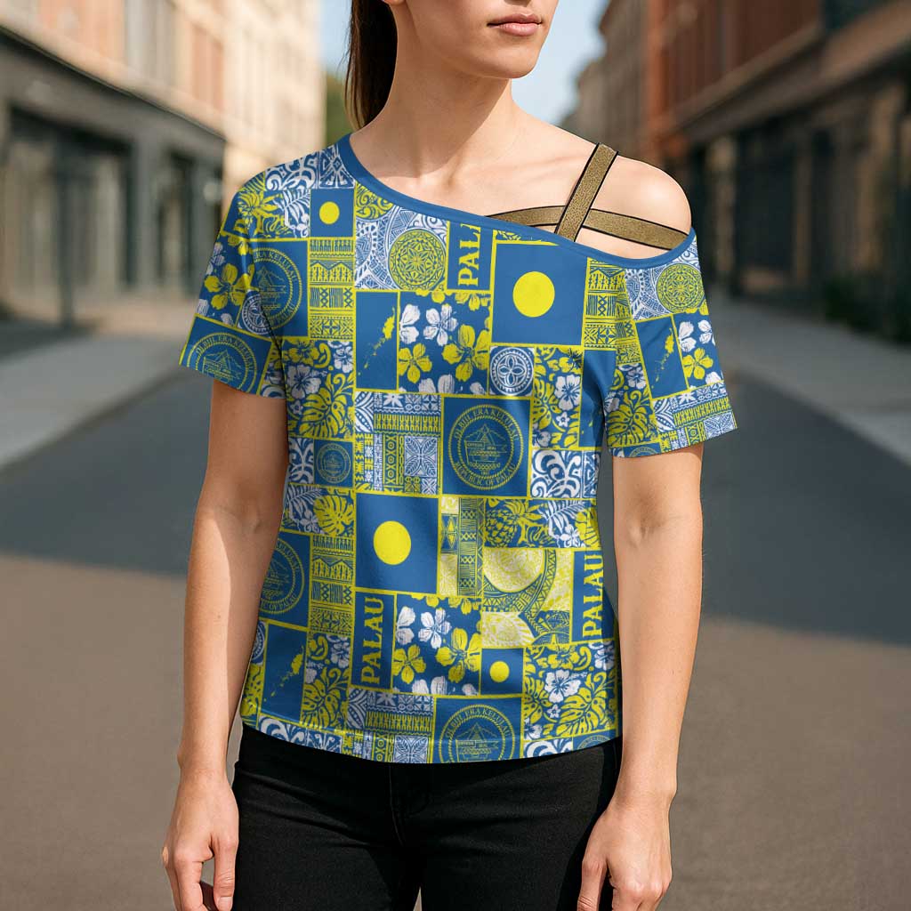 Palau Ungil Kurismas Cross Shoulder Shirt Pacific Patchwork Xmas Vibes - Polynesian Pride
