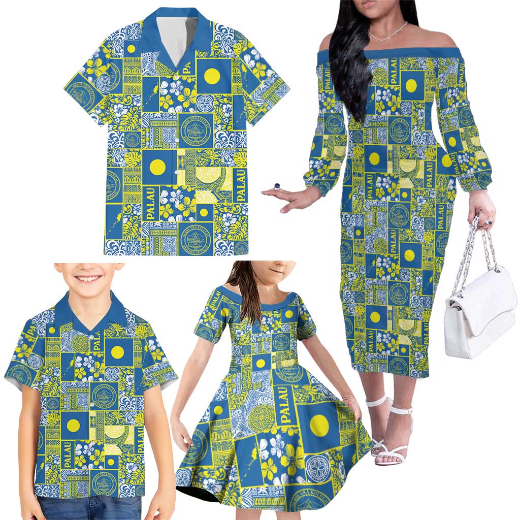Palau Ungil Kurismas Family Matching Off The Shoulder Long Sleeve Dress and Hawaiian Shirt Pacific Patchwork Xmas Vibes LT9 - Polynesian Pride