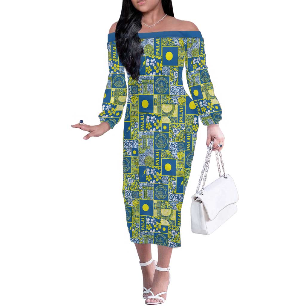 Palau Ungil Kurismas Family Matching Off The Shoulder Long Sleeve Dress and Hawaiian Shirt Pacific Patchwork Xmas Vibes LT9 Mom's Dress Green - Polynesian Pride