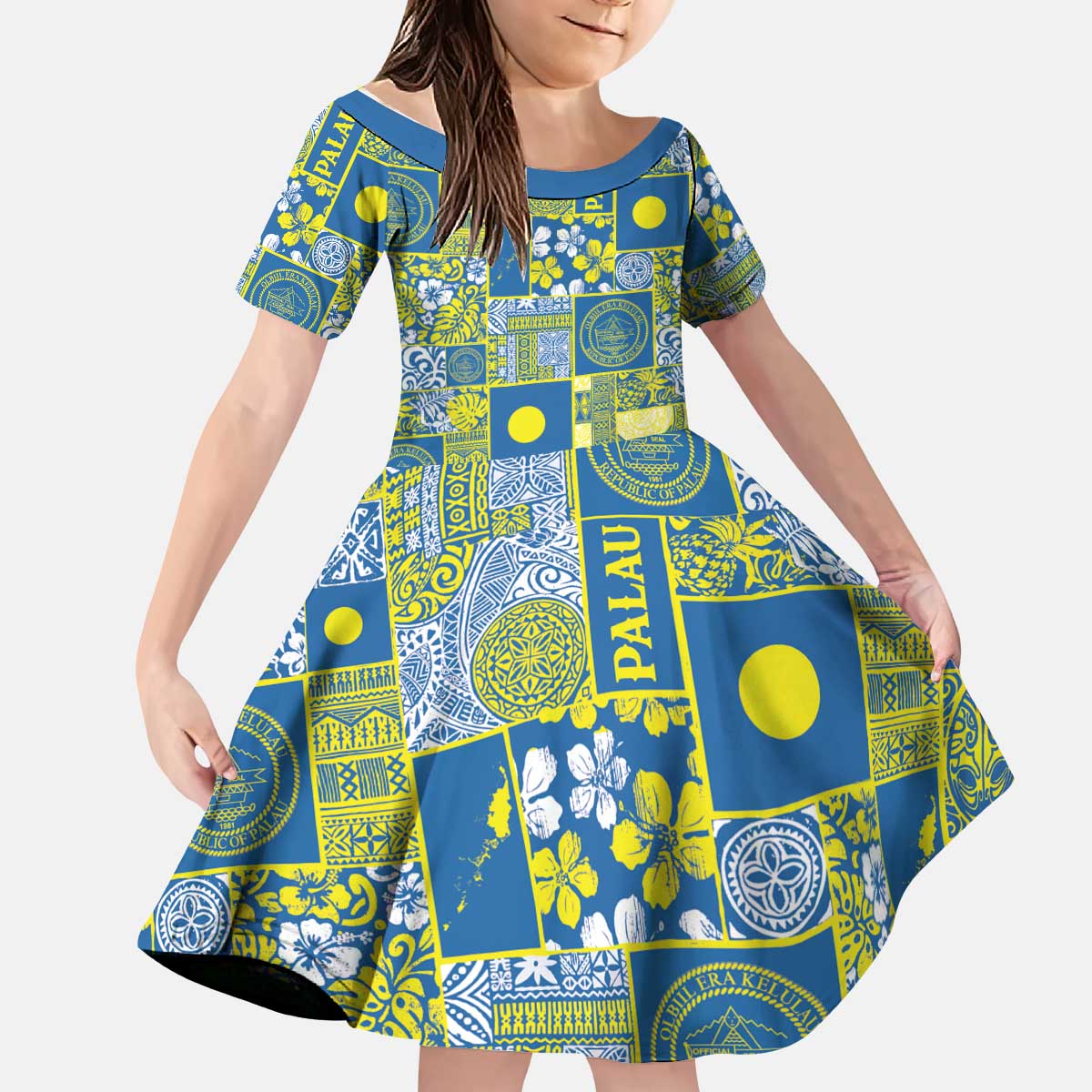 Palau Ungil Kurismas Kid Short Sleeve Dress Pacific Patchwork Xmas Vibes LT9 KID Green - Polynesian Pride