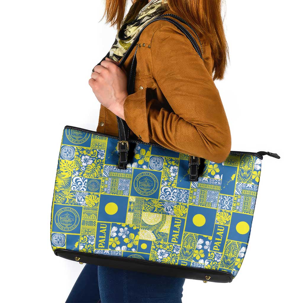 Palau Ungil Kurismas Leather Tote Bag Pacific Patchwork Xmas Vibes - Polynesian Pride