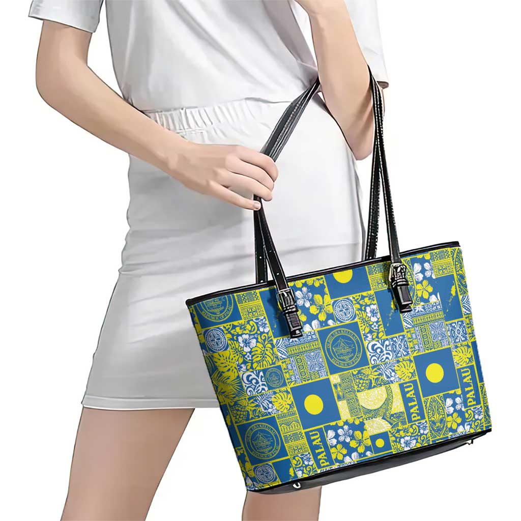 Palau Ungil Kurismas Leather Tote Bag Pacific Patchwork Xmas Vibes - Polynesian Pride