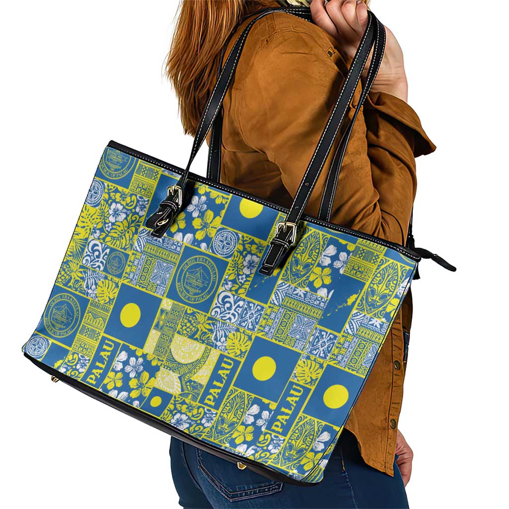 Palau Ungil Kurismas Leather Tote Bag Pacific Patchwork Xmas Vibes - Polynesian Pride