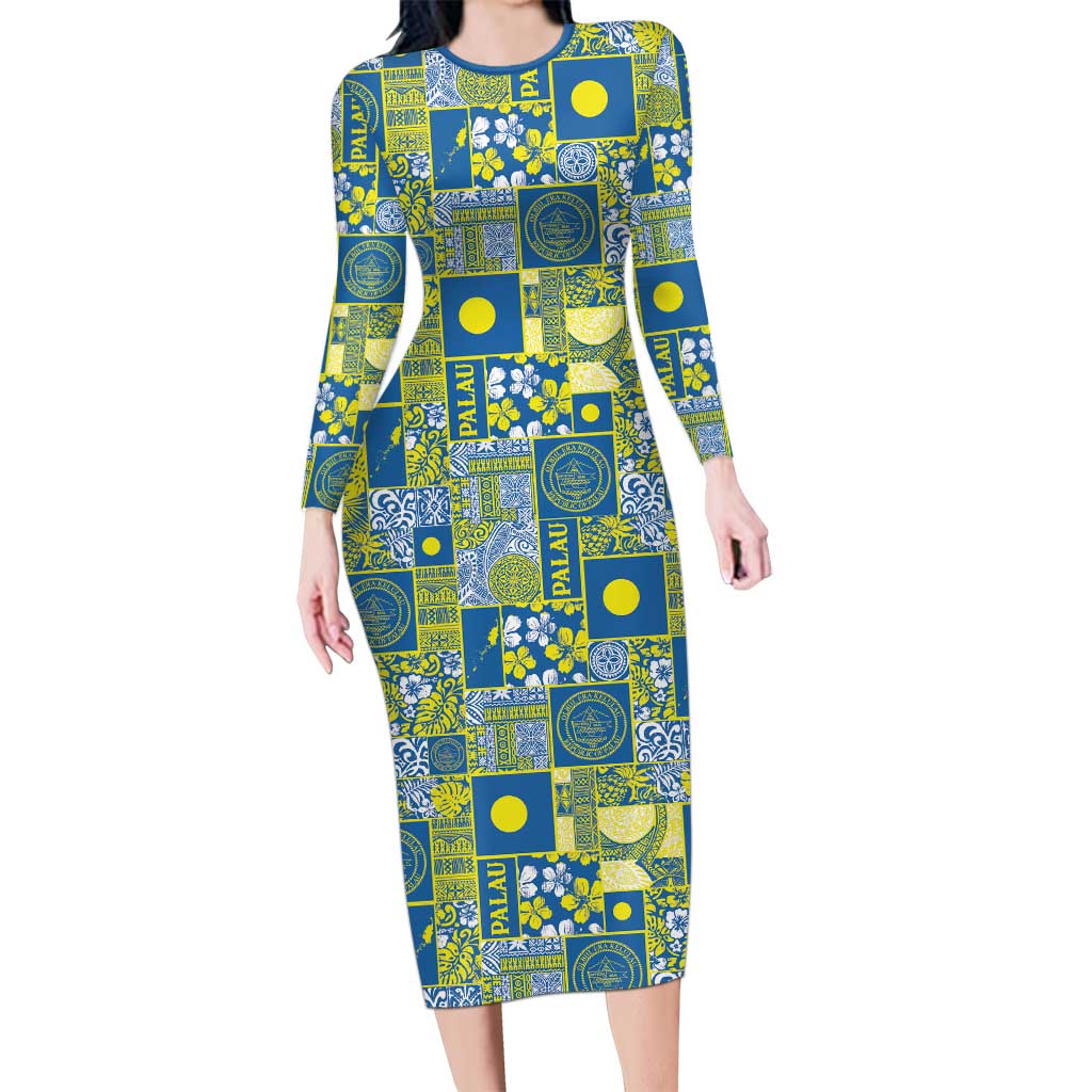 Palau Ungil Kurismas Long Sleeve Bodycon Dress Pacific Patchwork Xmas Vibes - Polynesian Pride