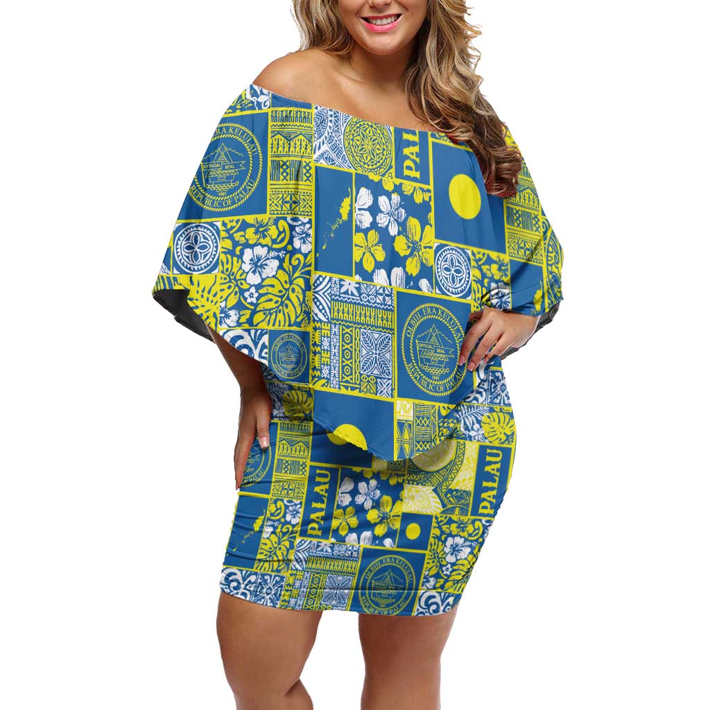 Palau Ungil Kurismas Off Shoulder Short Dress Pacific Patchwork Xmas Vibes LT9 Women Green - Polynesian Pride