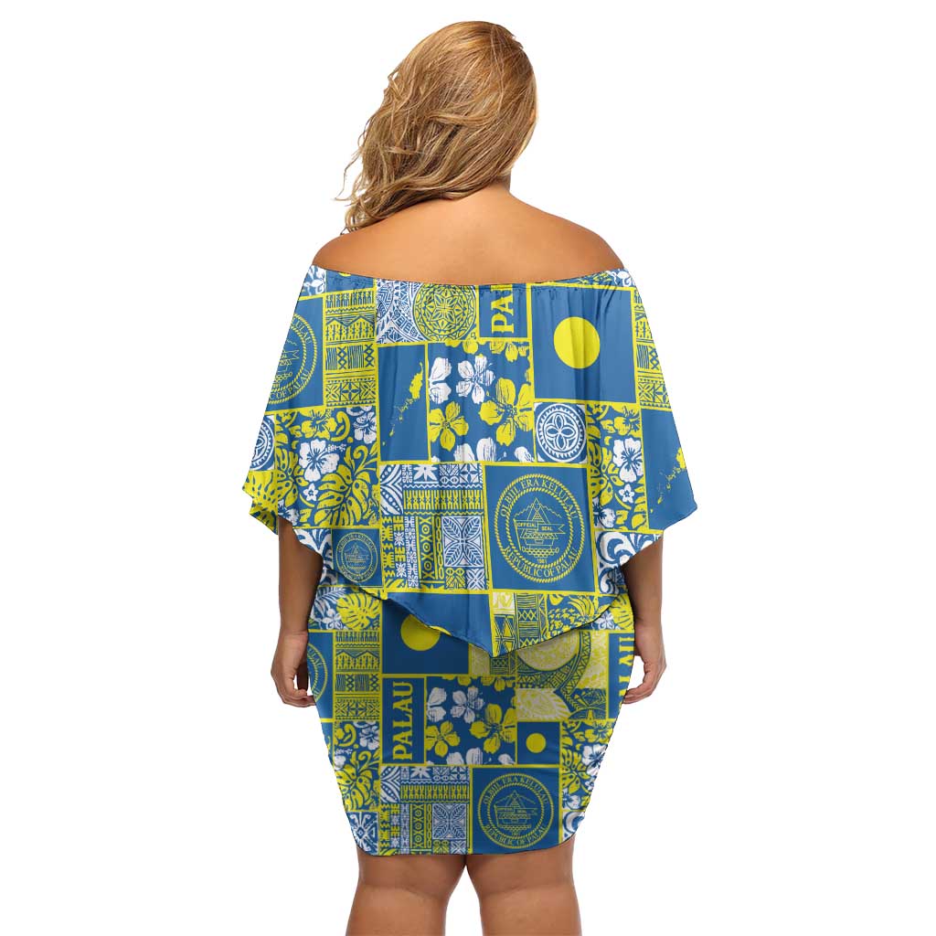 Palau Ungil Kurismas Off Shoulder Short Dress Pacific Patchwork Xmas Vibes LT9 - Polynesian Pride