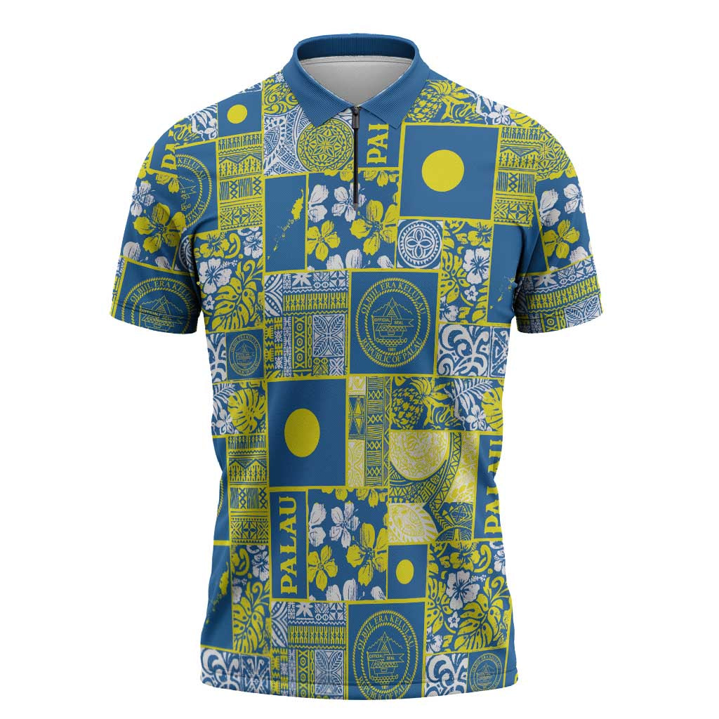 Palau Ungil Kurismas Zipper Polo Shirt Pacific Patchwork Xmas Vibes - Polynesian Pride