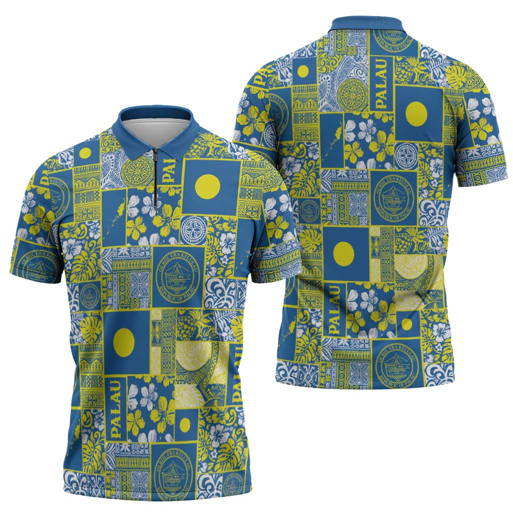 Palau Ungil Kurismas Zipper Polo Shirt Pacific Patchwork Xmas Vibes - Polynesian Pride