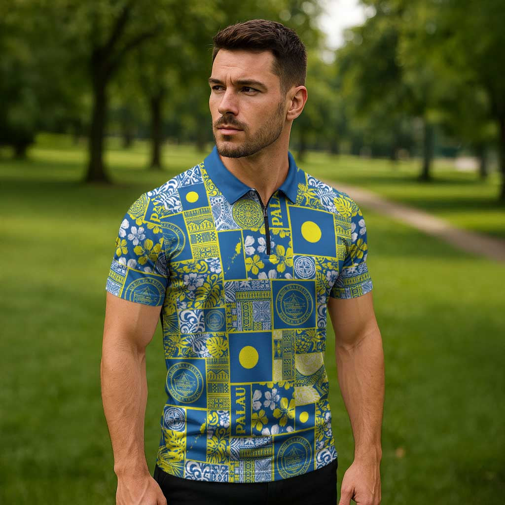 Palau Ungil Kurismas Zipper Polo Shirt Pacific Patchwork Xmas Vibes - Polynesian Pride