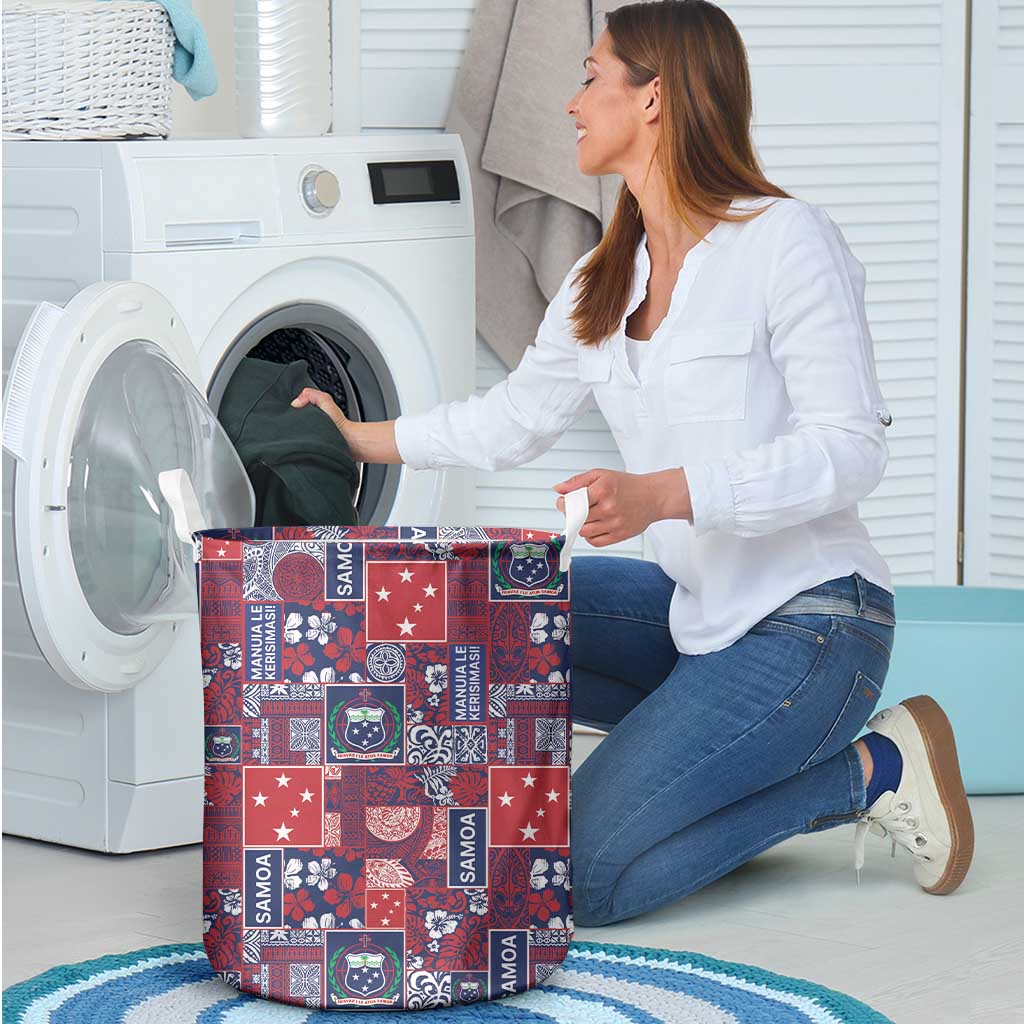 Red Samoa Manuia Le Kerisimasi Laundry Basket Pacific Patchwork Xmas Vibes - Polynesian Pride