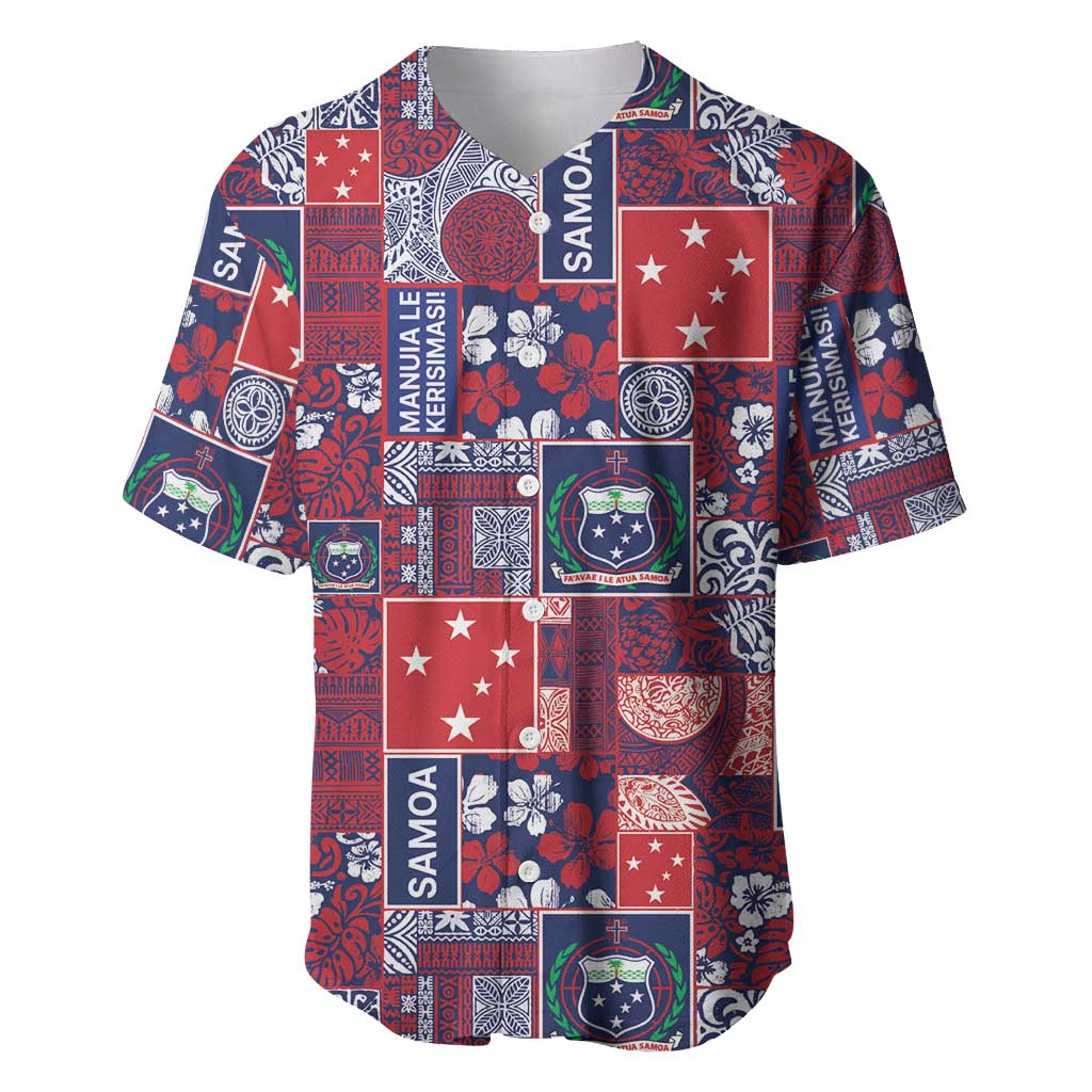 Red Samoa Manuia Le Kerisimasi Baseball Jersey Pacific Patchwork Xmas Vibes - Polynesian Pride