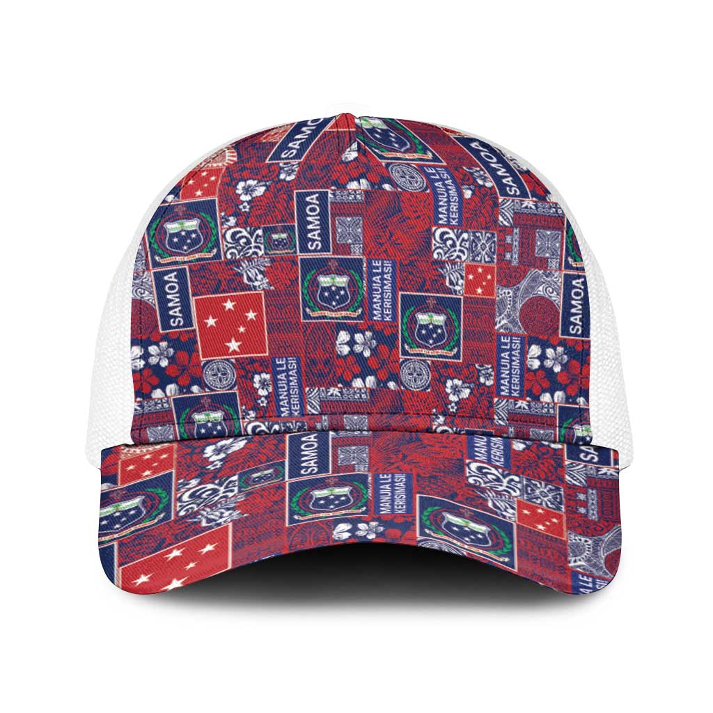 Red Samoa Manuia Le Kerisimasi Baseball Net Cap Pacific Patchwork Xmas Vibes - Polynesian Pride