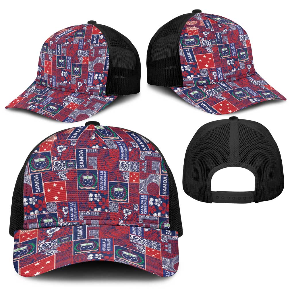 Red Samoa Manuia Le Kerisimasi Baseball Net Cap Pacific Patchwork Xmas Vibes - Polynesian Pride