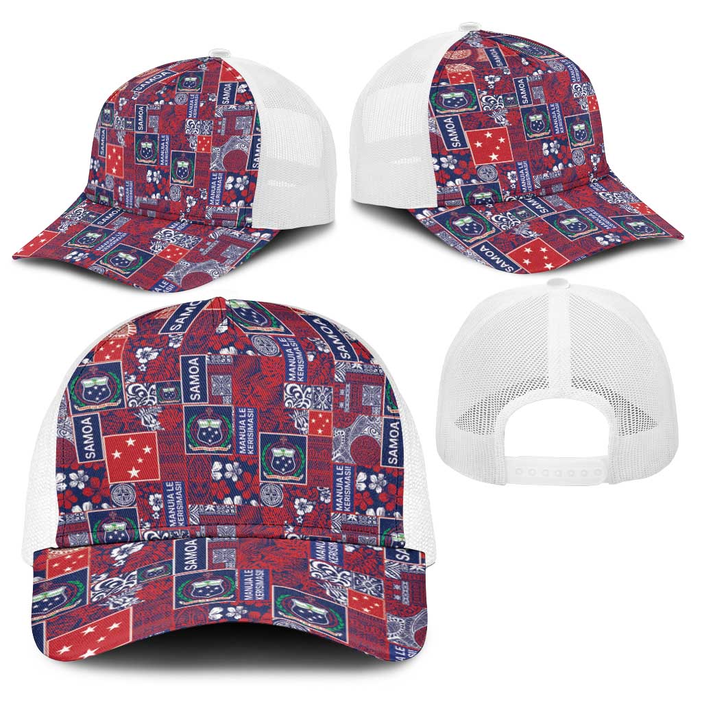 Red Samoa Manuia Le Kerisimasi Baseball Net Cap Pacific Patchwork Xmas Vibes - Polynesian Pride