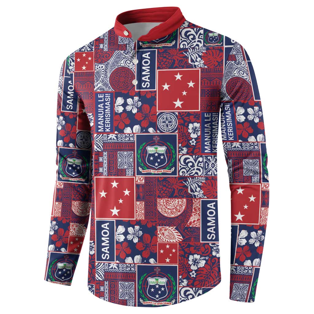 Red Samoa Manuia Le Kerisimasi Button Sweatshirt Pacific Patchwork Xmas Vibes - Polynesian Pride