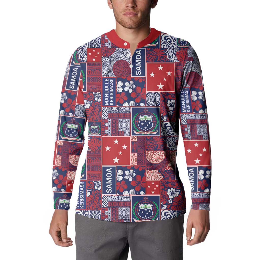 Red Samoa Manuia Le Kerisimasi Button Sweatshirt Pacific Patchwork Xmas Vibes - Polynesian Pride