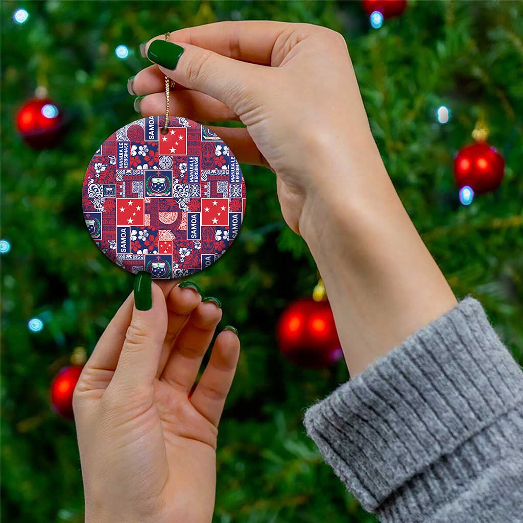 Red Samoa Manuia Le Kerisimasi Ceramic Ornament Pacific Patchwork Xmas Vibes - Polynesian Pride