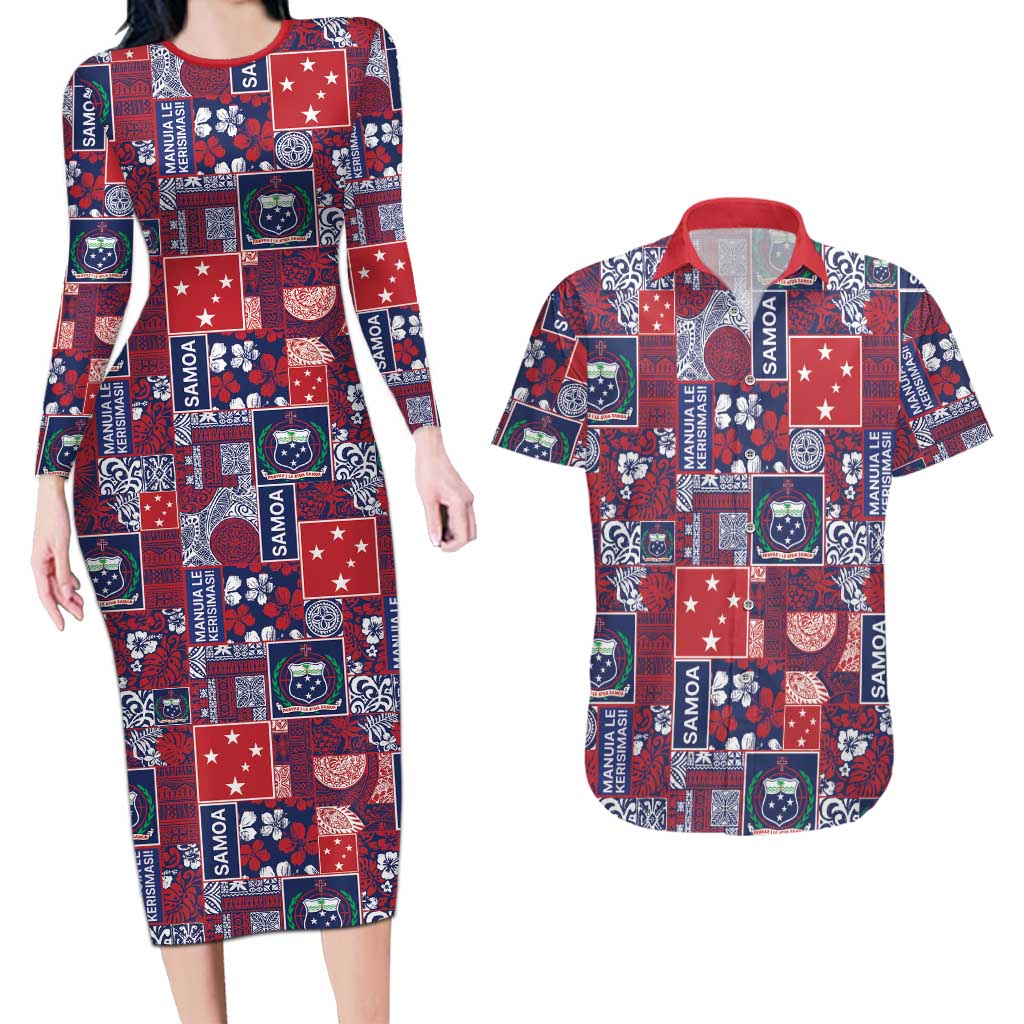 Red Samoa Manuia Le Kerisimasi Couples Matching Long Sleeve Bodycon Dress and Hawaiian Shirt Pacific Patchwork Xmas Vibes - Polynesian Pride