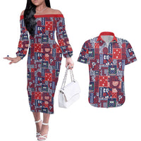 Red Samoa Manuia Le Kerisimasi Couples Matching Off The Shoulder Long Sleeve Dress and Hawaiian Shirt Pacific Patchwork Xmas Vibes LT9 Red - Polynesian Pride