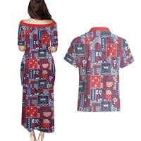 Red Samoa Manuia Le Kerisimasi Couples Matching Puletasi and Hawaiian Shirt Pacific Patchwork Xmas Vibes - Polynesian Pride