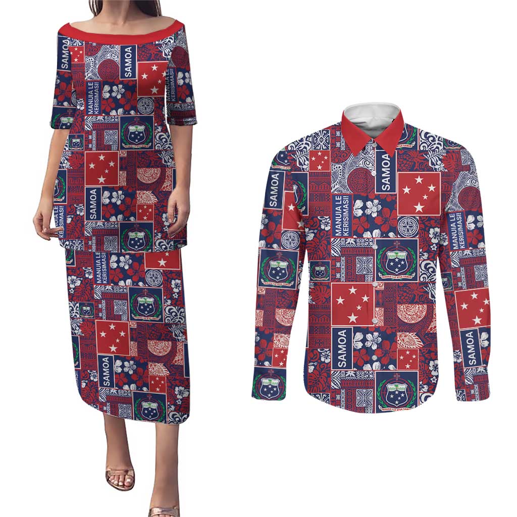 Red Samoa Manuia Le Kerisimasi Couples Matching Puletasi and Long Sleeve Button Shirt Pacific Patchwork Xmas Vibes - Polynesian Pride