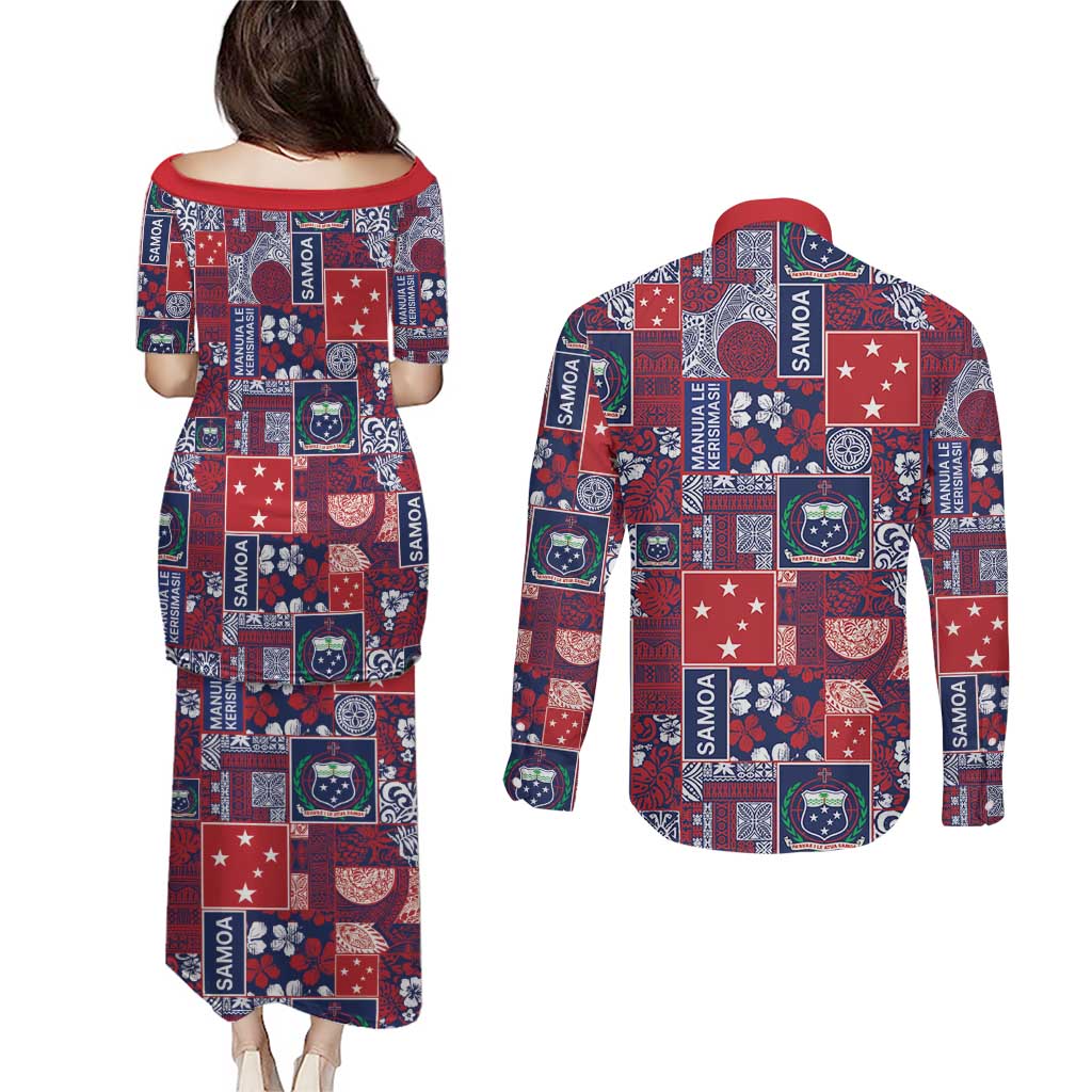 Red Samoa Manuia Le Kerisimasi Couples Matching Puletasi and Long Sleeve Button Shirt Pacific Patchwork Xmas Vibes - Polynesian Pride