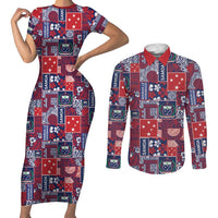 Red Samoa Manuia Le Kerisimasi Couples Matching Short Sleeve Bodycon Dress and Long Sleeve Button Shirt Pacific Patchwork Xmas Vibes - Polynesian Pride