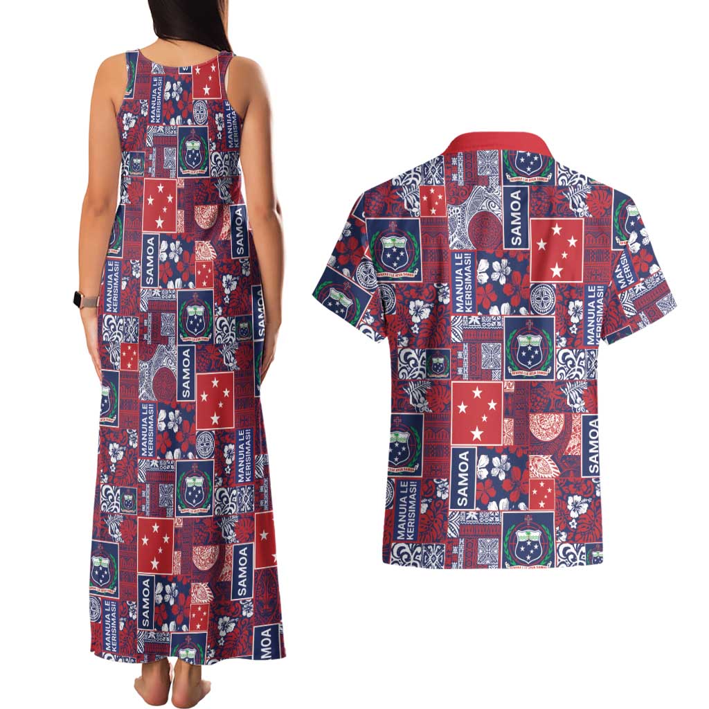 Red Samoa Manuia Le Kerisimasi Couples Matching Tank Maxi Dress and Hawaiian Shirt Pacific Patchwork Xmas Vibes - Polynesian Pride