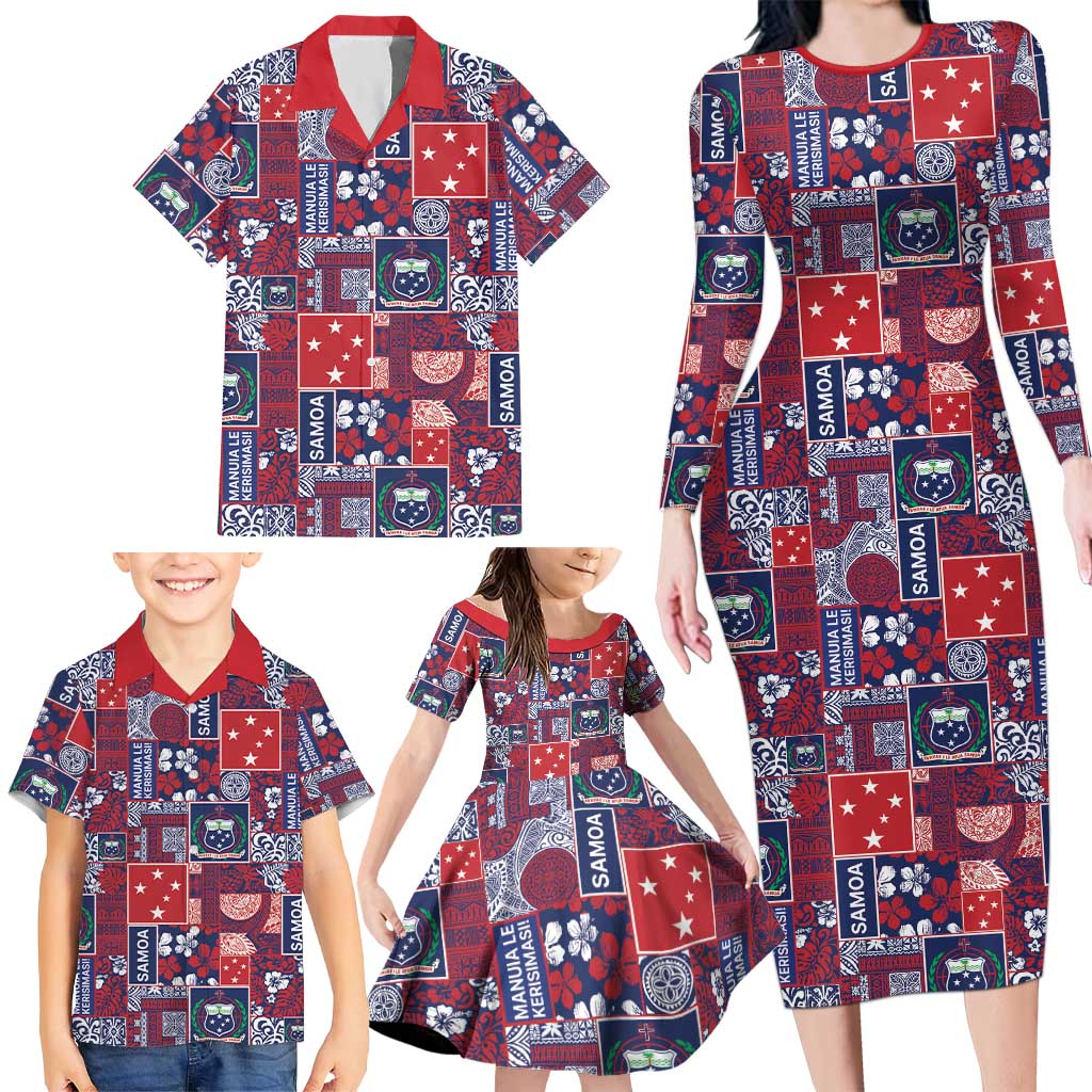 Red Samoa Manuia Le Kerisimasi Family Matching Long Sleeve Bodycon Dress and Hawaiian Shirt Pacific Patchwork Xmas Vibes LT9 - Polynesian Pride