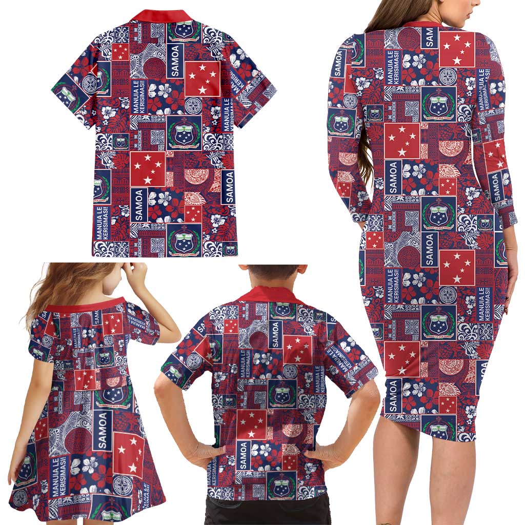 Red Samoa Manuia Le Kerisimasi Family Matching Long Sleeve Bodycon Dress and Hawaiian Shirt Pacific Patchwork Xmas Vibes LT9 - Polynesian Pride