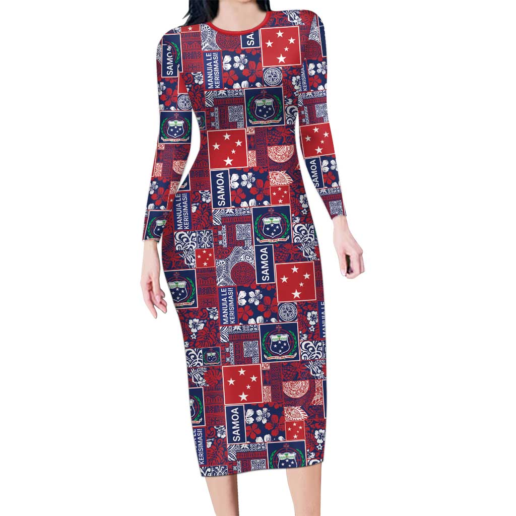 Red Samoa Manuia Le Kerisimasi Family Matching Long Sleeve Bodycon Dress and Hawaiian Shirt Pacific Patchwork Xmas Vibes LT9 Mom's Dress Red - Polynesian Pride