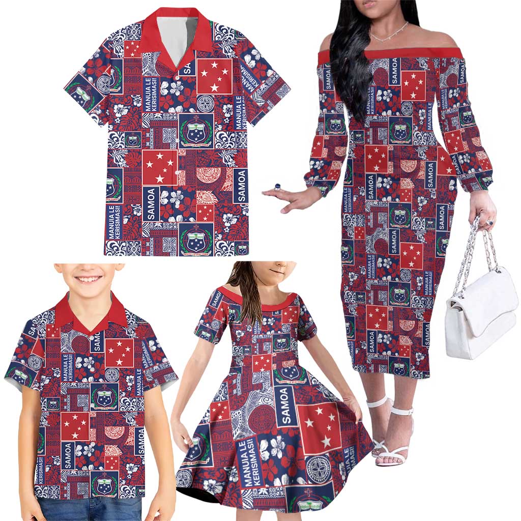 Red Samoa Manuia Le Kerisimasi Family Matching Off The Shoulder Long Sleeve Dress and Hawaiian Shirt Pacific Patchwork Xmas Vibes - Polynesian Pride