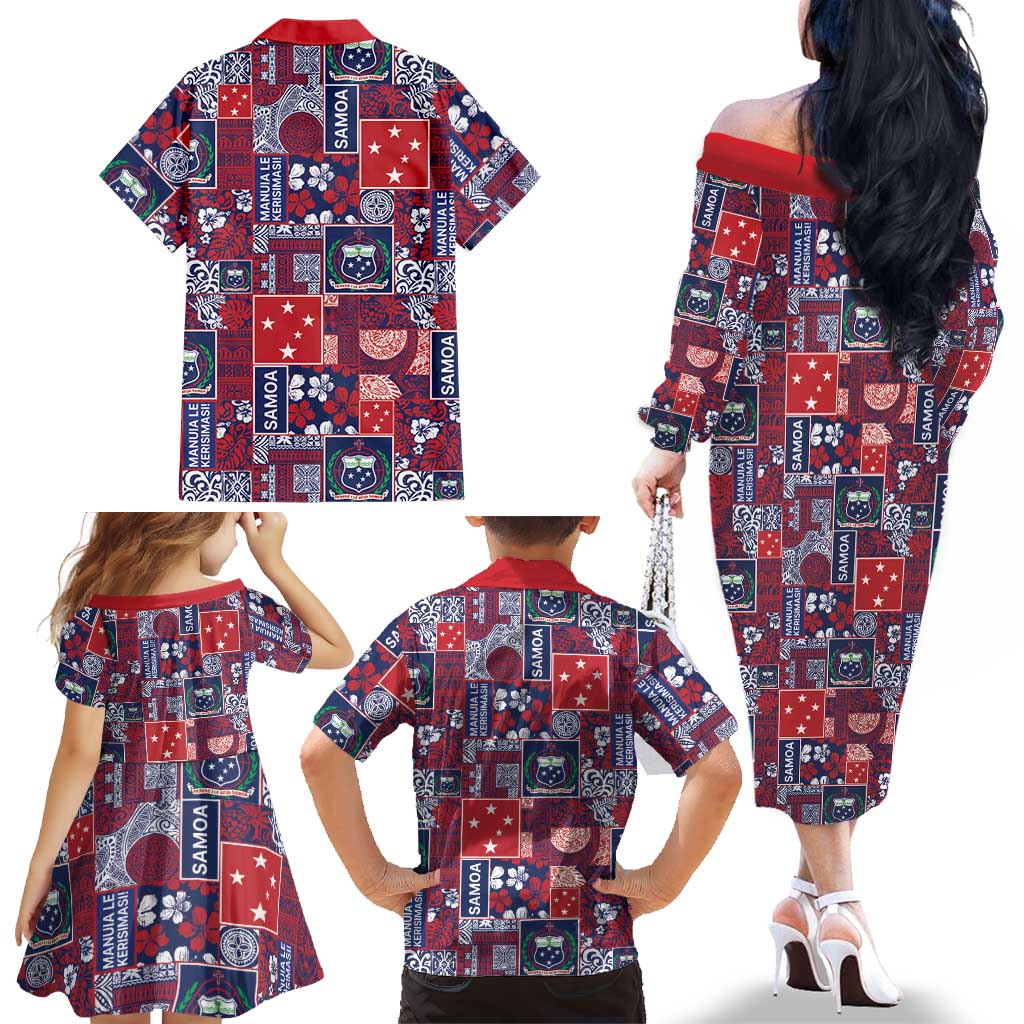 Red Samoa Manuia Le Kerisimasi Family Matching Off The Shoulder Long Sleeve Dress and Hawaiian Shirt Pacific Patchwork Xmas Vibes LT9 - Polynesian Pride
