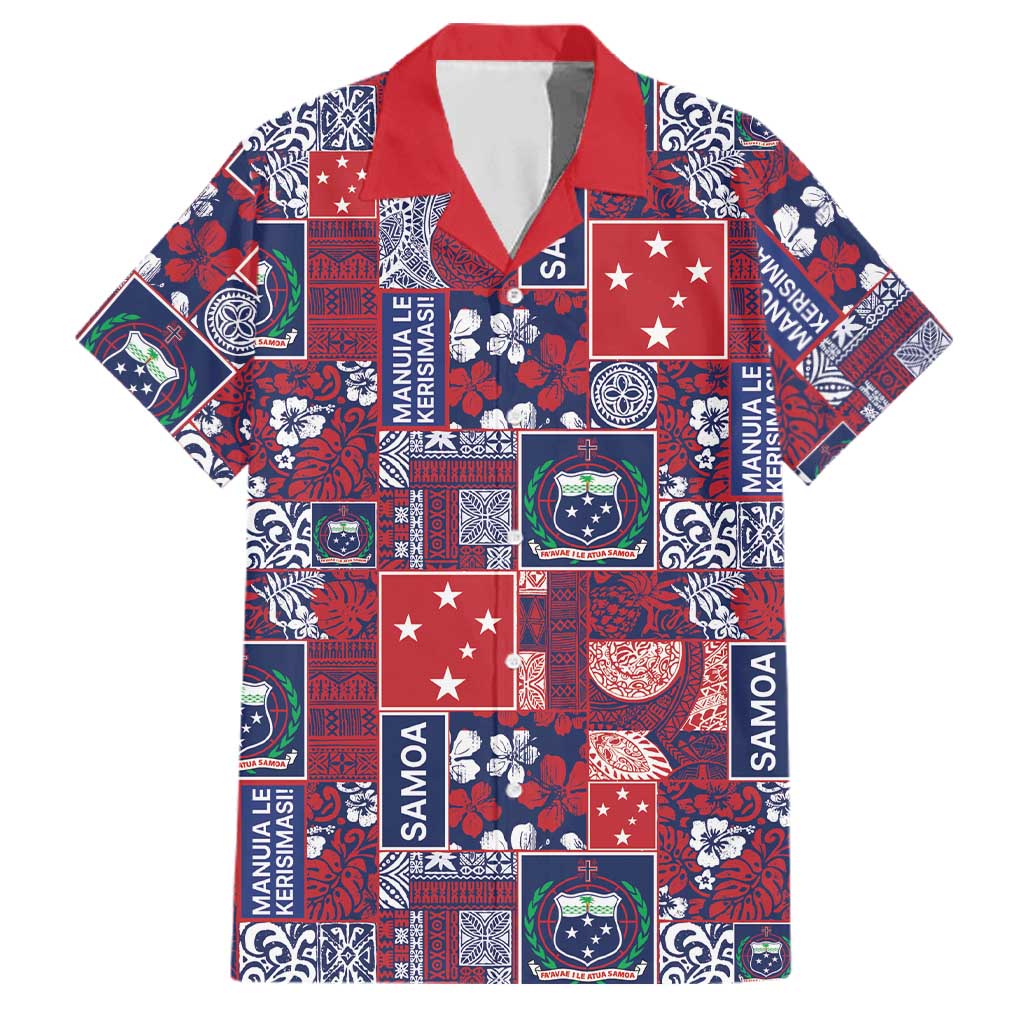 Red Samoa Manuia Le Kerisimasi Family Matching Off The Shoulder Long Sleeve Dress and Hawaiian Shirt Pacific Patchwork Xmas Vibes LT9 Dad's Shirt - Short Sleeve Red - Polynesian Pride