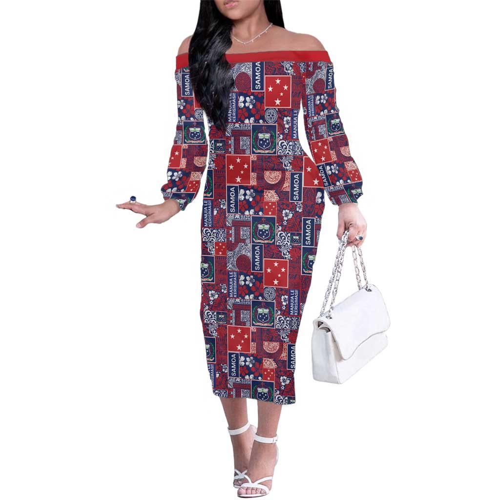 Red Samoa Manuia Le Kerisimasi Family Matching Off The Shoulder Long Sleeve Dress and Hawaiian Shirt Pacific Patchwork Xmas Vibes LT9 Mom's Dress Red - Polynesian Pride