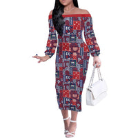 Red Samoa Manuia Le Kerisimasi Family Matching Off The Shoulder Long Sleeve Dress and Hawaiian Shirt Pacific Patchwork Xmas Vibes LT9 Mom's Dress Red - Polynesian Pride