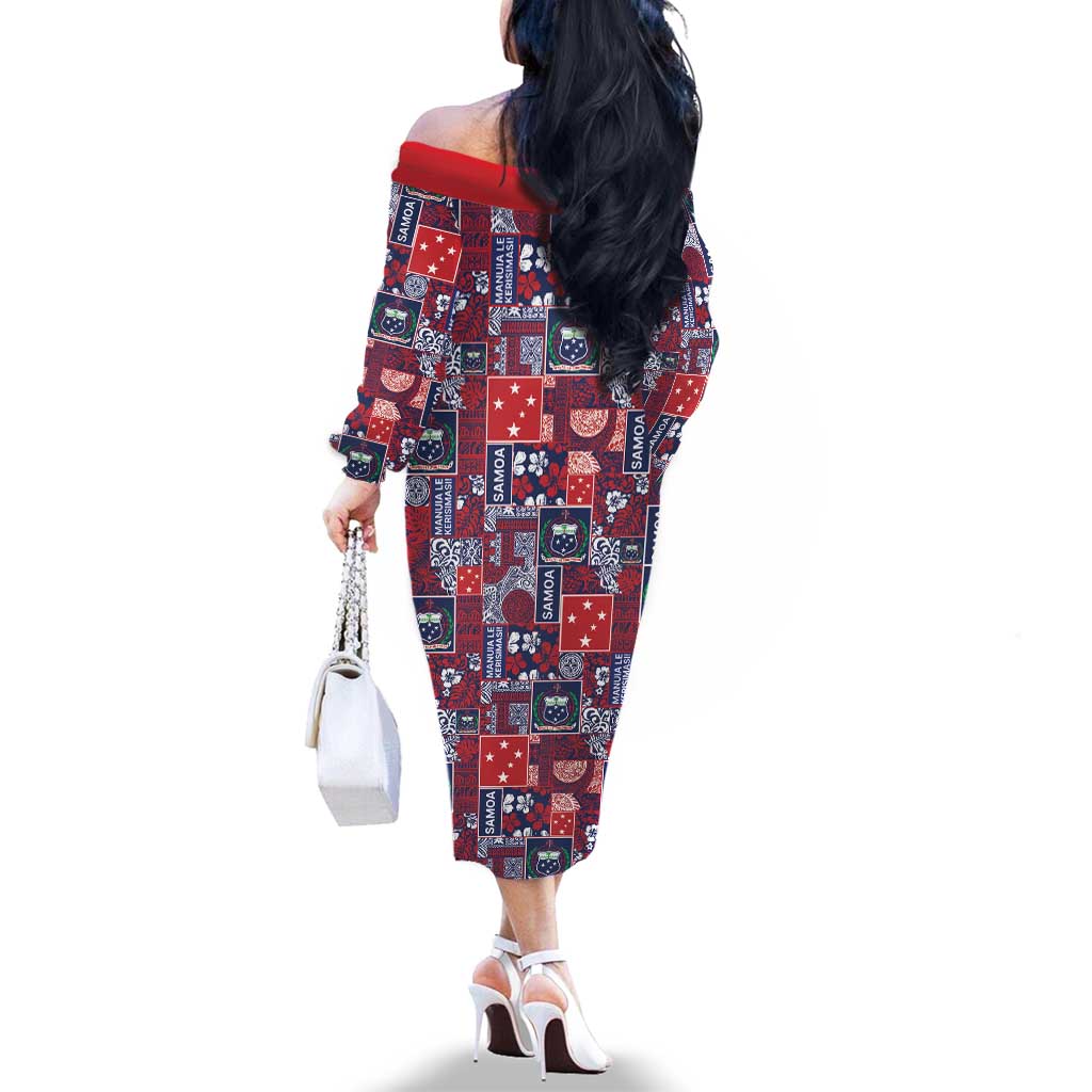 Red Samoa Manuia Le Kerisimasi Family Matching Off The Shoulder Long Sleeve Dress and Hawaiian Shirt Pacific Patchwork Xmas Vibes LT9 - Polynesian Pride