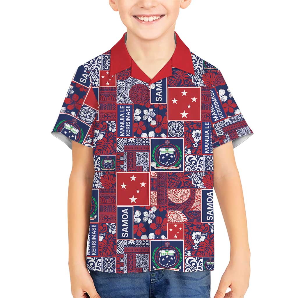 Red Samoa Manuia Le Kerisimasi Family Matching Off The Shoulder Long Sleeve Dress and Hawaiian Shirt Pacific Patchwork Xmas Vibes LT9 Son's Shirt Red - Polynesian Pride
