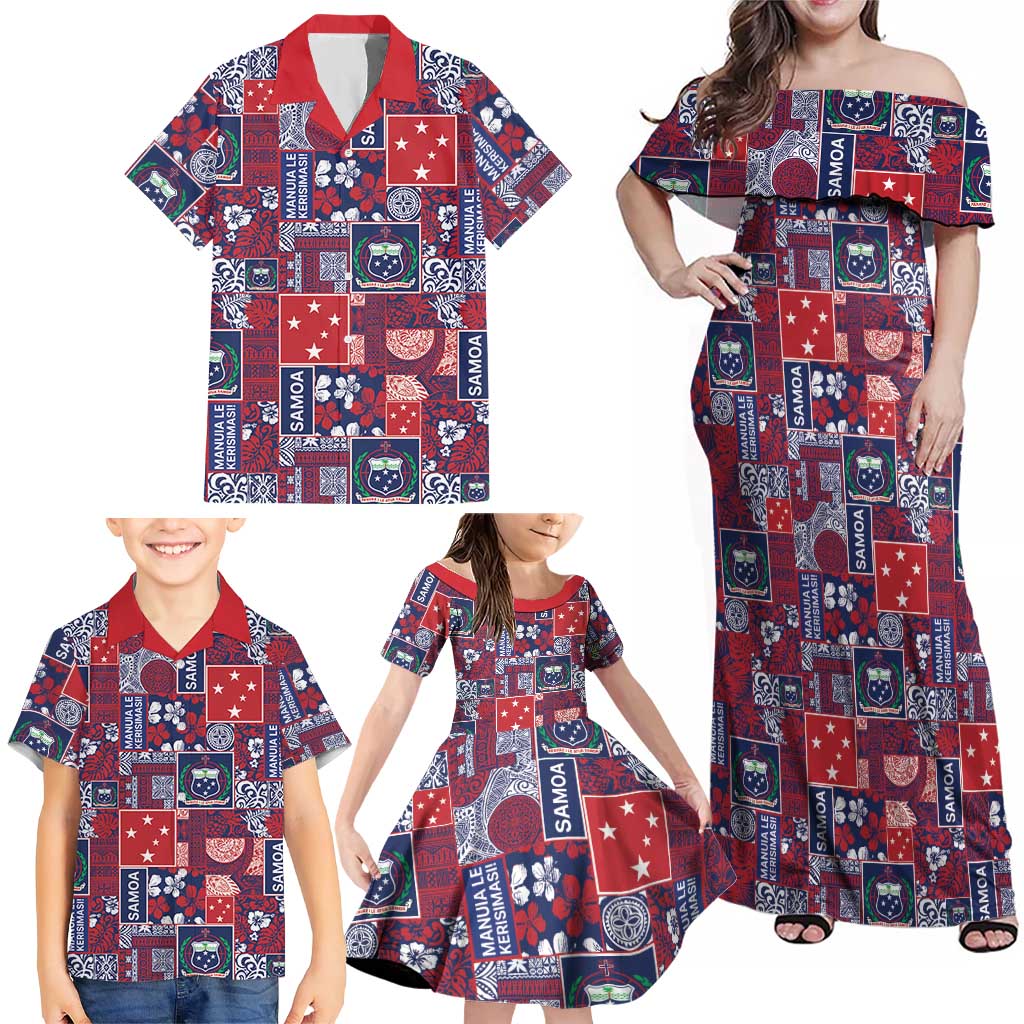 Red Samoa Manuia Le Kerisimasi Family Matching Off Shoulder Maxi Dress and Hawaiian Shirt Pacific Patchwork Xmas Vibes - Polynesian Pride