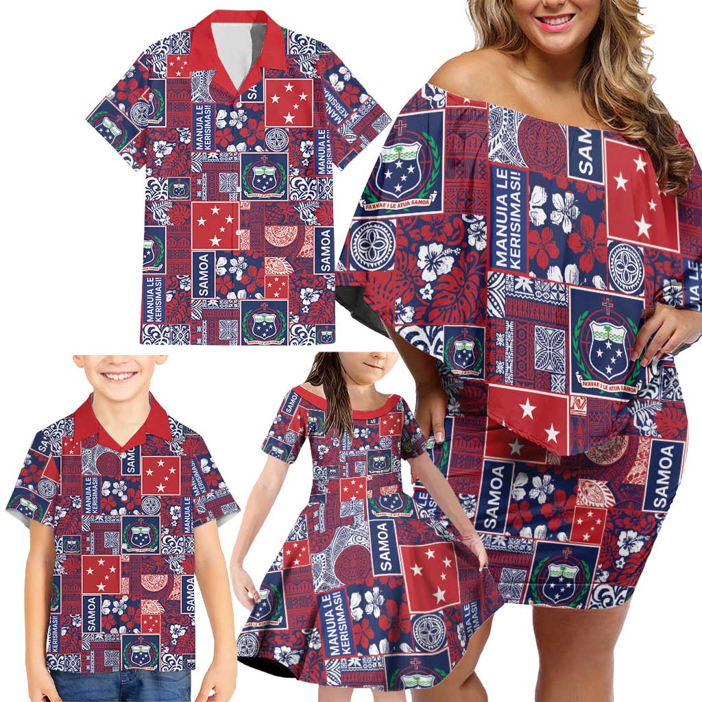 Red Samoa Manuia Le Kerisimasi Family Matching Off Shoulder Short Dress and Hawaiian Shirt Pacific Patchwork Xmas Vibes - Polynesian Pride