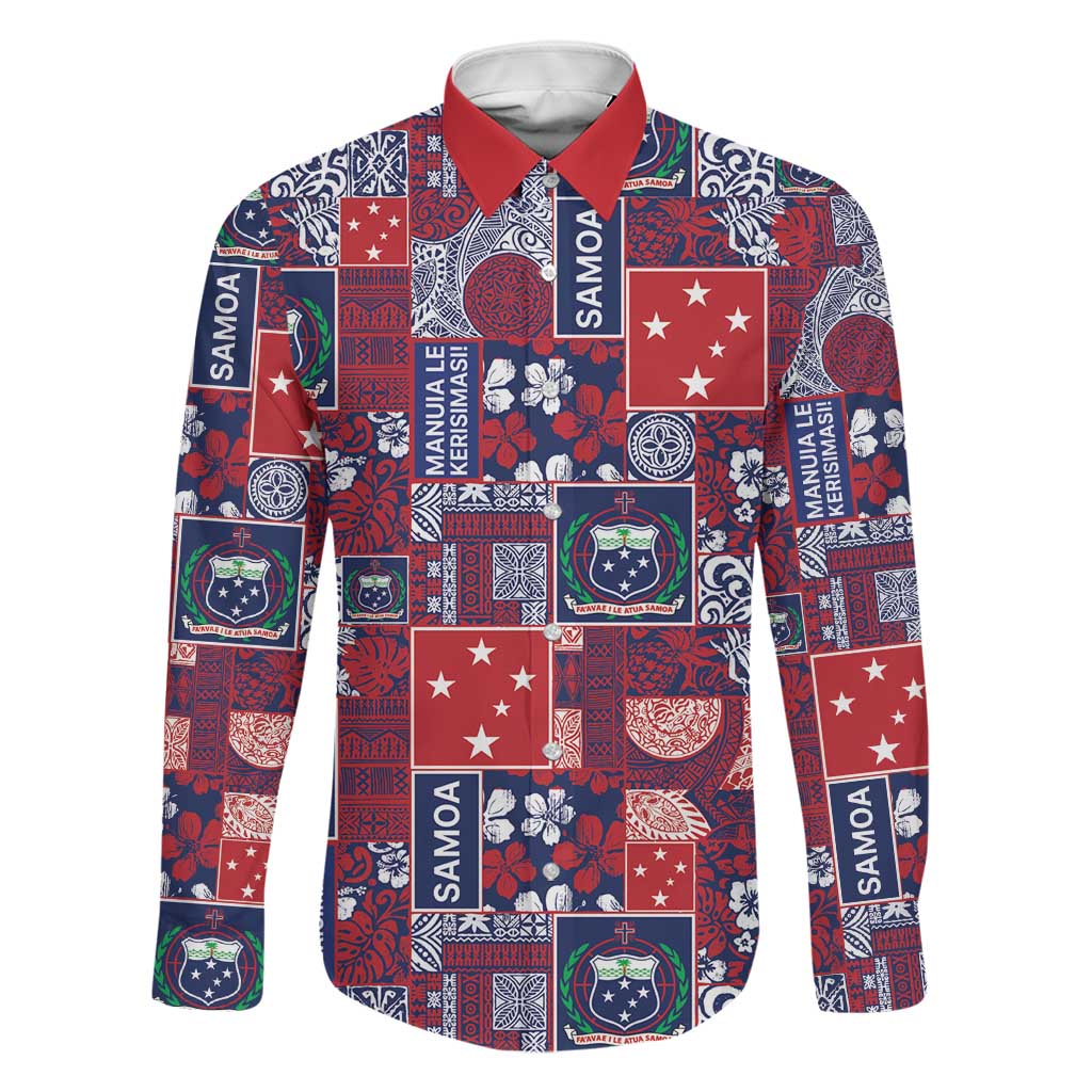 Red Samoa Manuia Le Kerisimasi Family Matching Off Shoulder Short Dress and Hawaiian Shirt Pacific Patchwork Xmas Vibes LT9 Dad's Shirt - Long Sleeve Red - Polynesian Pride