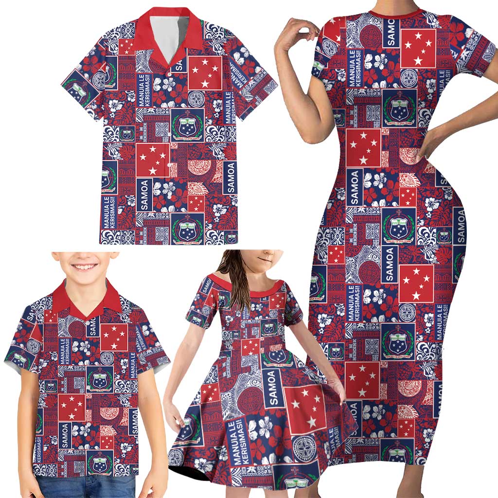 Red Samoa Manuia Le Kerisimasi Family Matching Short Sleeve Bodycon Dress and Hawaiian Shirt Pacific Patchwork Xmas Vibes LT9 - Polynesian Pride