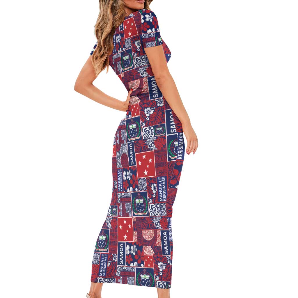 Red Samoa Manuia Le Kerisimasi Family Matching Short Sleeve Bodycon Dress and Hawaiian Shirt Pacific Patchwork Xmas Vibes LT9 - Polynesian Pride