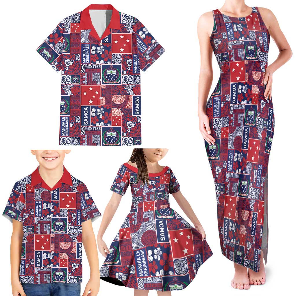 Red Samoa Manuia Le Kerisimasi Family Matching Tank Maxi Dress and Hawaiian Shirt Pacific Patchwork Xmas Vibes - Polynesian Pride
