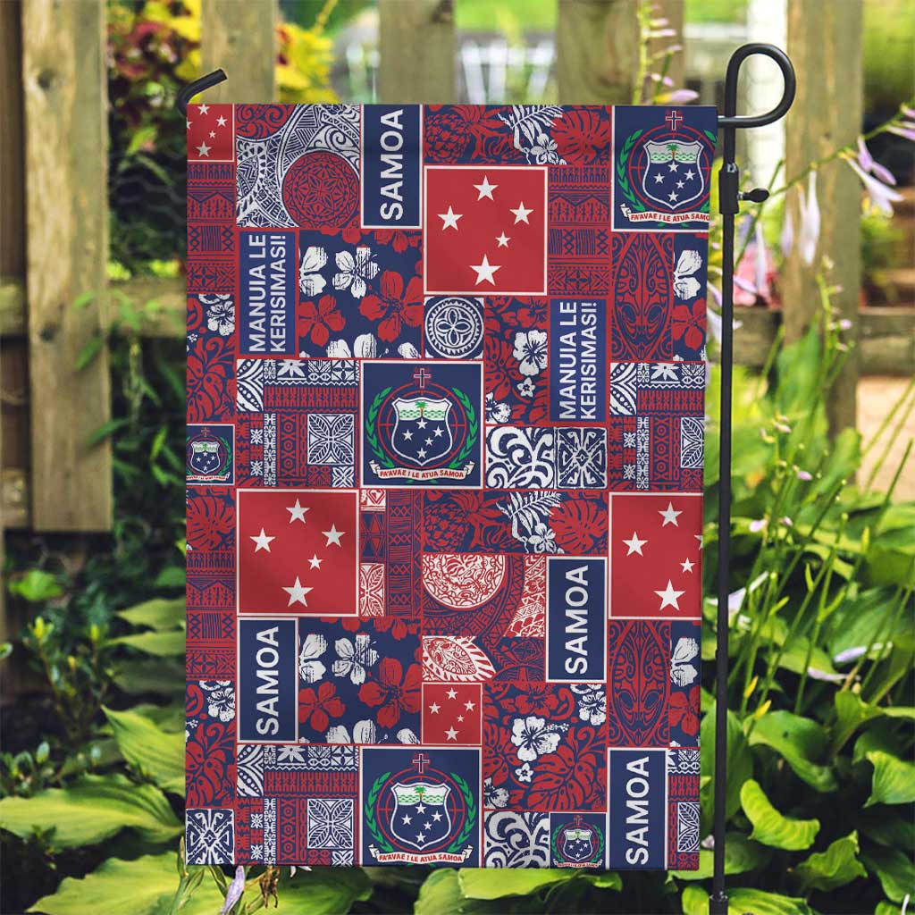 Red Samoa Manuia Le Kerisimasi Garden Flag Pacific Patchwork Xmas Vibes - Polynesian Pride