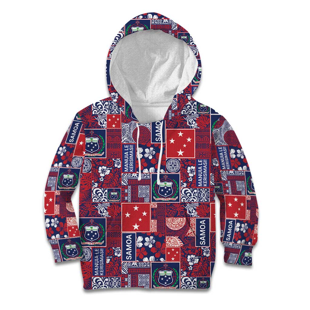 Red Samoa Manuia Le Kerisimasi Kid Hoodie Pacific Patchwork Xmas Vibes - Polynesian Pride