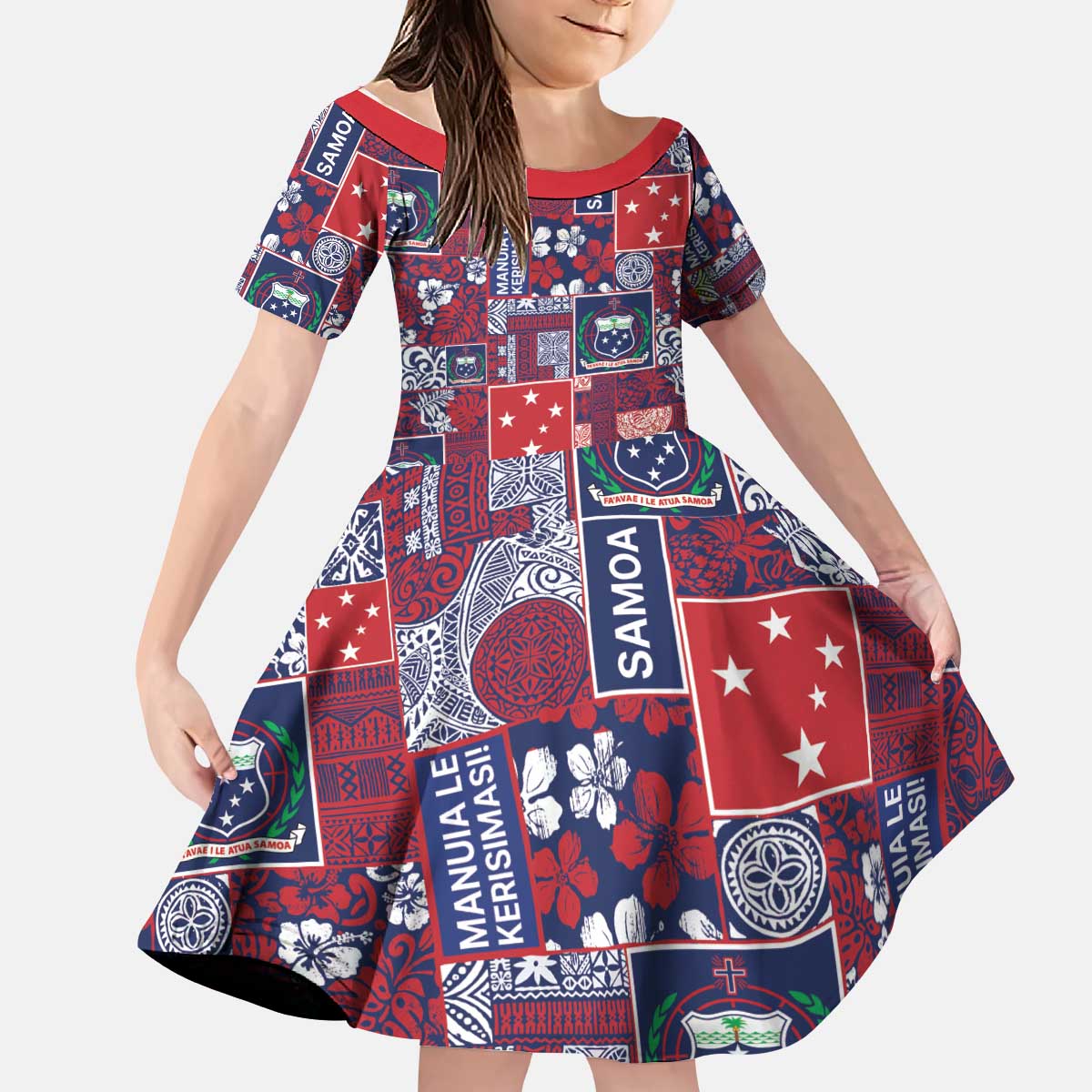 Red Samoa Manuia Le Kerisimasi Kid Short Sleeve Dress Pacific Patchwork Xmas Vibes LT9 KID Red - Polynesian Pride
